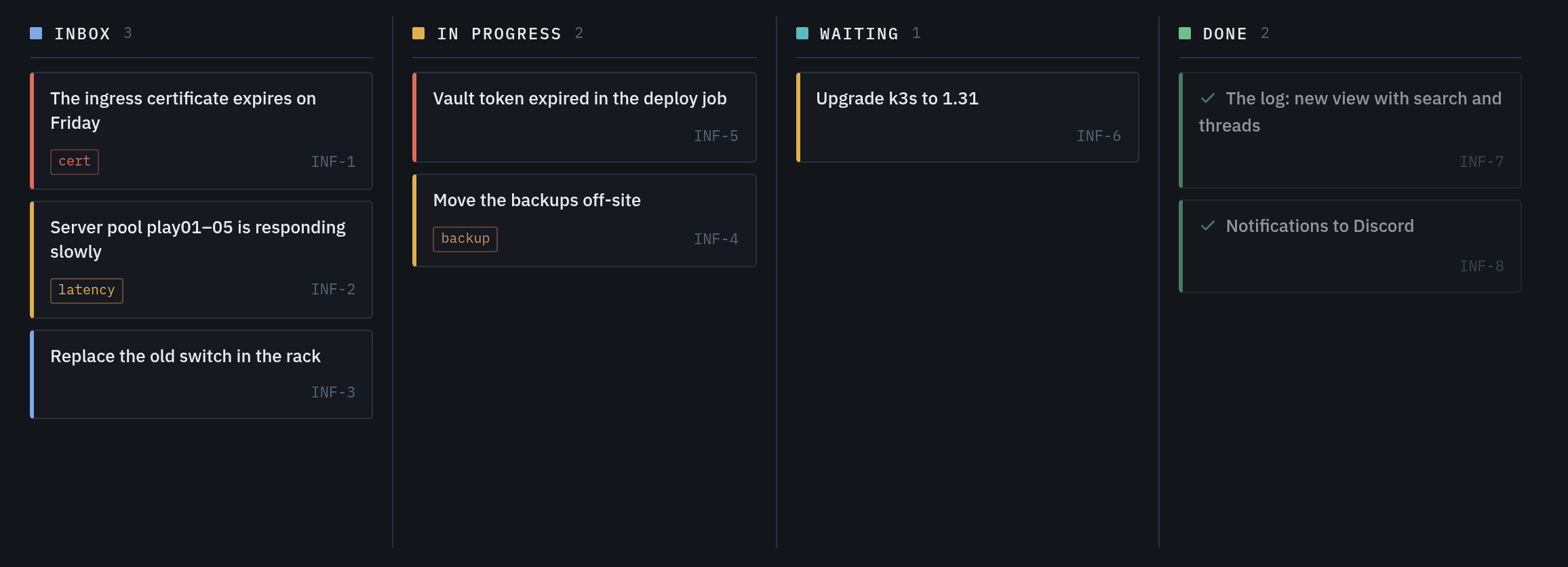 The board in the infra project. Column names are set per project; the statuses behind them are the same in the API.