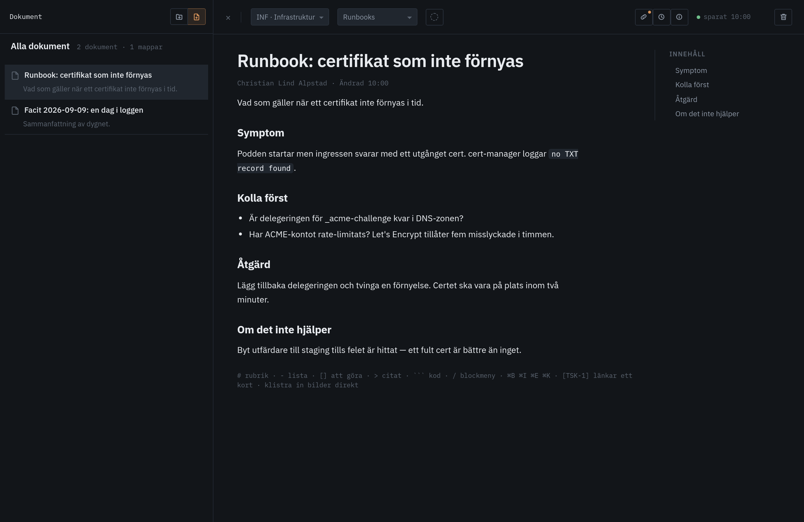 Ett dokument i delad vy. Listan till vänster, texten i mitten, innehållsförteckningen till höger.