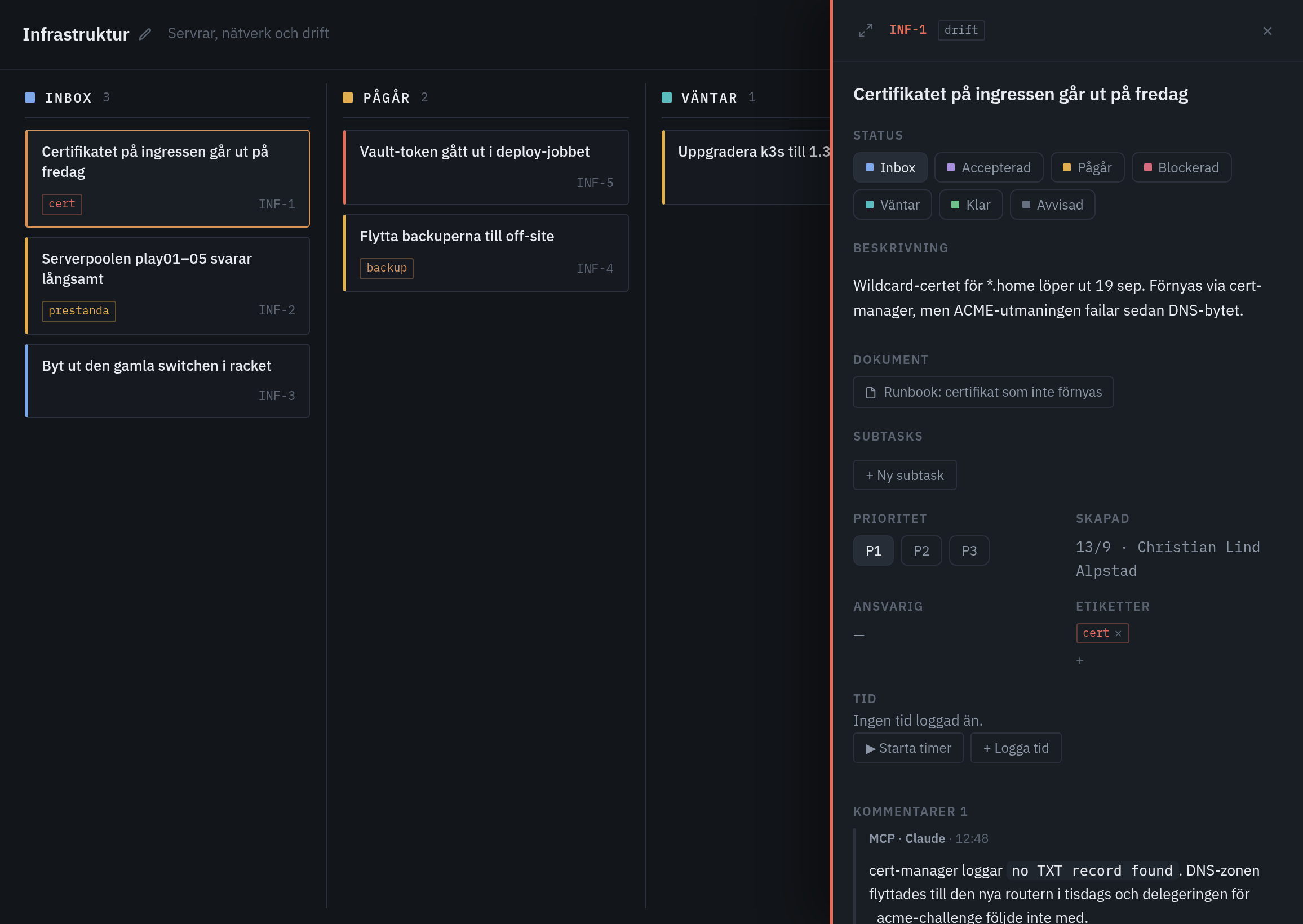 Ett kort öppnat. Nyckeln, typen och prion i toppen; beskrivningen är markdown och kortlänkar blir klickbara.