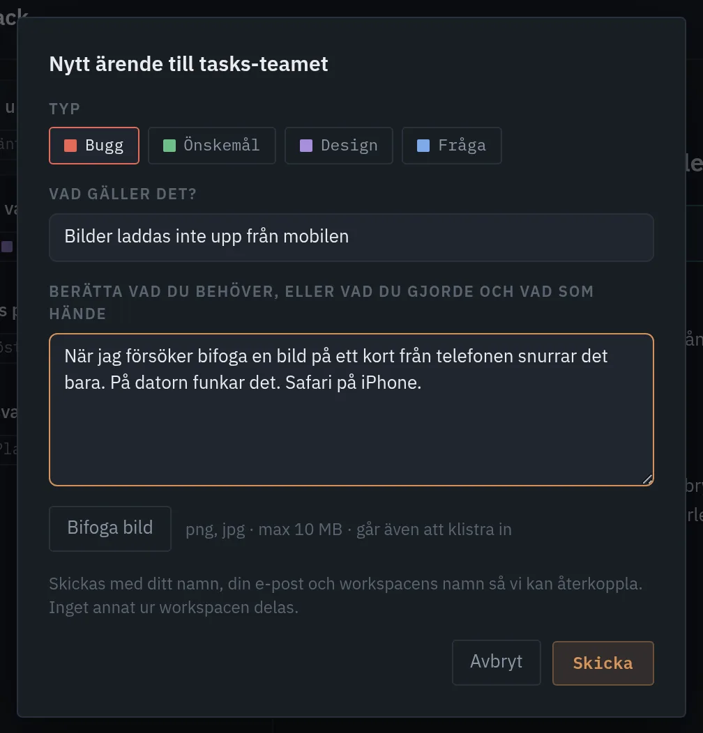Formuläret Nytt ärende: typ, rubrik, beskrivning och bild